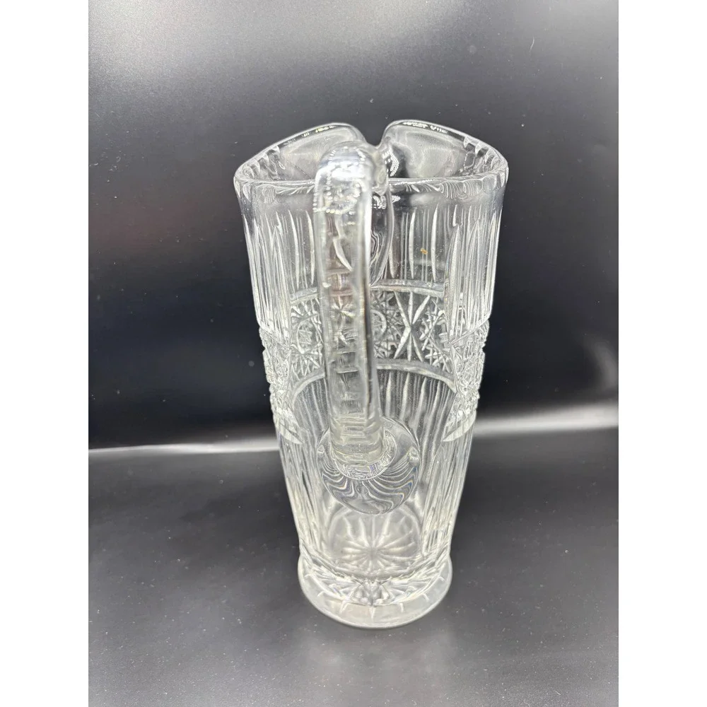 Vintage Cut Glass Water Pitcher Clear‎ Crystal Starburst Pattern 10 Inch Tall